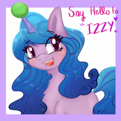 Size: 1280x1280 | Tagged: safe, artist:mlpclovertheclever, character:izzy moonbow, species:pony, species:unicorn, g5, ball, bust, childproof horn, gradient hair, horn, solo, tennis ball, text, toy