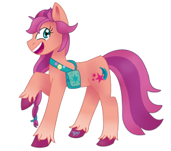 Size: 1082x958 | Tagged: safe, artist:chocolate--cake, character:sunny starscout, species:earth pony, species:pony, g5, bag, braid, coat markings, pin, socks (coat marking), solo, unshorn fetlocks