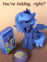 Size: 1500x1963 | Tagged: safe, artist:yakovlev-vad, character:princess luna, species:alicorn, species:pony, g4, angry, behaving like a cat, cereal, comic sans, engrish, female, filly, filly luna, food, grammar error, mare, pet bowl, s1 luna, text, woona, younger