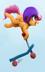 Size: 1600x2560 | Tagged: safe, artist:raphaeldavid, character:scootaloo, species:pegasus, species:pony, newbie artist training grounds, g4, atg 2021, cute, cutealoo, female, filly, helmet, open mouth, profile, scooter, signature, simple background, smiling, solo, young