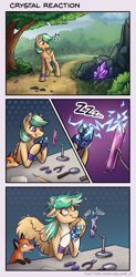 Size: 1600x3261 | Tagged: safe, artist:helmie-d, oc, oc only, oc:summer ray, species:fox, species:pegasus, species:pony, g4, crystal, electricity, electrocution, feather, hoof hold, magnifying glass, no dialogue, pliers, quill, raised hoof, scrunchy face, tree