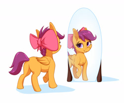 Size: 1280x1059 | Tagged: safe, artist:aquaticvibes, character:scootaloo, species:pegasus, species:pony, newbie artist training grounds, g4, apple bloom's bow, atg 2021, bow, cheek fluff, chest fluff, cute, cutealoo, hair bow, mirror, raised hoof, reflection, ribbon, simple background, smiling, solo, three quarter view, white background