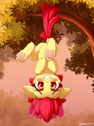 Size: 1600x2134 | Tagged: safe, alternate version, artist:symbianl, character:apple bloom, species:earth pony, species:pony, g4, adorabloom, apple bloom's bow, apple family member, blushing, bow, cheek fluff, cute, dock, ear fluff, female, filly, floppy ears, fluffy, frog (hoof), hair bow, hanging, hoof fluff, hooves, leg fluff, looking at you, prehensile tail, signature, smiling, solo, tail, tail hold, tree, underhoof, upside down, young