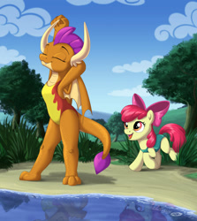Size: 1280x1434 | Tagged: safe, artist:sirzi, character:apple bloom, character:smolder, species:dragon, species:earth pony, species:pony, g4, apple family member, beach, clothing, cloud, dragoness, duo, duo female, eyes closed, female, filly, grass, high res, one-piece swimsuit, open mouth, outdoors, raised hoof, reflection, sky, stretching, swimsuit, teenaged dragon, teenager, three quarter view, tree, water, young