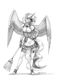 Size: 1000x1369 | Tagged: safe, artist:baron engel, character:princess luna, species:alicorn, species:anthro, species:unguligrade anthro, g4, broom, clothing, female, hand, hand on hip, hips, looking at you, maid, mare, pencil drawing, solo, spread wings, traditional art, wings