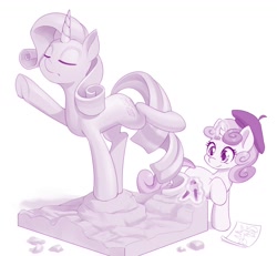 Size: 1200x1109 | Tagged: safe, artist:dstears, character:rarity, character:sweetie belle, species:pony, species:unicorn, newbie artist training grounds, g4, atg 2021, beret, clothing, craft, cute, diasweetes, eyes closed, glowing horn, hat, horn, magic, monochrome, raised hoof, raised leg, sculpture, simple background, statue, telekinesis, white background