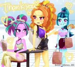 Size: 1200x1074 | Tagged: safe, artist:binco_293, character:adagio dazzle, character:aria blaze, character:sonata dusk, species:eqg human, g4, commission, food, food court, mall, shopping, shopping bags, taco, text, that girl sure loves tacos, the dazzlings