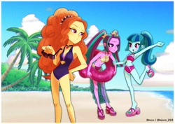 Size: 1199x848 | Tagged: safe, artist:binco_293, character:adagio dazzle, character:aria blaze, character:sonata dusk, species:eqg human, g4, beach, clothing, floaty, ocean, outdoors, palm tree, sunglasses, swimsuit, the dazzlings, tree
