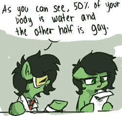 Size: 382x362 | Tagged: source needed, safe, artist:plunger, oc, oc:filly anon, species:earth pony, species:pony, g4, clothing, coat, dialogue, eyes closed, female, filly, gay, goggles, hoof hold, lab coat, necktie, open mouth, paper, ponidox, self paradox, self ponidox, speech bubble, text, tie, ur gay, your test came back