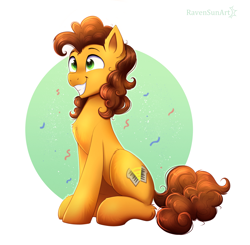 Size: 3831x3759 | Tagged: safe, artist:confetticakez, character:cheese sandwich, species:earth pony, species:pony, g4, abstract background, confetti, grin, male, sitting, smiling, solo, stallion