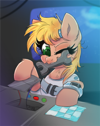 Size: 1380x1727 | Tagged: safe, artist:confetticakez, oc, species:earth pony, species:pony, g4, barrette, clothing, control panel, female, holding, mare, mouth hold, one eye closed, pencil, solo, space suit, spaceship, wink, wires, wrench