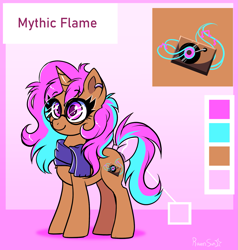 Size: 1631x1714 | Tagged: safe, artist:confetticakez, oc, oc:mythic flame, species:pony, species:unicorn, g4, bow, clothing, ear piercing, earring, female, glasses, jewelry, mare, piercing, record player, reference sheet, scarf, signature, simple background, solo, tail bow