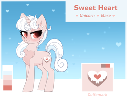 Size: 3794x3000 | Tagged: safe, artist:confetticakez, oc, oc:sweet heart, species:pony, species:unicorn, g4, blushing, chest fluff, commission, female, heart, mare, reference sheet, simple background, solo