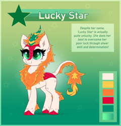 Size: 3840x4000 | Tagged: safe, artist:confetticakez, oc, oc:lucky star, species:kirin, g4, cloven hooves, commission, female, fluffy, hooves, kirin oc, mare, non-pony oc, reference sheet, solo, text
