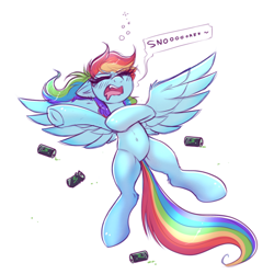 Size: 2000x2000 | Tagged: safe, artist:confetticakez, character:rainbow dash, species:pegasus, species:pony, g4, belly button, dialogue, drool, ear fluff, energy drink, eyes closed, female, laying on ground, mare, monster energy, on back, open mouth, simple background, sleeping, snoring, solo, underhoof, white background