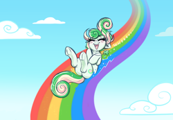 Size: 2888x2000 | Tagged: safe, artist:confetticakez, oc, oc:lucky charm, species:earth pony, species:pony, g4, blushing, chest fluff, cloud, cloudy, dialogue, eyes closed, female, jewelry, mare, necklace, open mouth, rainbow, sky, solo, underhoof