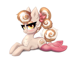 Size: 3400x2750 | Tagged: safe, artist:confetticakez, oc, oc:cinnamon spangled, species:earth pony, species:pony, g4, bandana, blushing, chest fluff, clothing, cute, female, laying on stomach, lidded eyes, lying down, mare, ponytail, simple background, socks, solo, thigh highs, white background