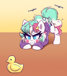 Size: 846x953 | Tagged: safe, artist:confetticakez, oc, oc:cottonsweets, species:pony, species:unicorn, g4, barrette, behaving like a cat, blushing, clothing, crouching, cute, determined, female, mare, pounce, rubber duck, simple background, solo, sweater, text, toy, wiggle