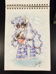 Size: 1536x2048 | Tagged: safe, artist:dandy, oc, oc only, oc:cinnabyte, species:earth pony, species:pony, g4, bandana, clothing, explicit source, female, glasses, headphones, looking at you, mare, pigtails, signature, smiling, solo, stockings, tail, thigh highs, traditional art, twintails