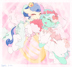 Size: 1532x1440 | Tagged: safe, artist:糖希, character:bon bon, character:lyra heartstrings, character:sweetie drops, species:earth pony, species:pony, species:unicorn, ship:lyrabon, g4, bouquet, clothing, dress, female, flower, flower in hair, lesbian, mare, marriage, shipping, wedding, wedding dress, wedding veil
