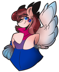 Size: 2100x2550 | Tagged: safe, artist:jxst-eclipse-draws, oc, oc:rose scribbles, species:pegasus, species:pony, g4, bandana, bisexual, bisexual pride flag, clothing, colored wings, commission, female, multicolored hair, multicolored wings, one eye closed, pegasus oc, ponytail, wings, wink, ych result