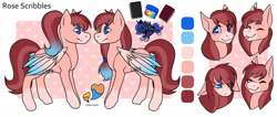 Size: 1280x545 | Tagged: safe, artist:carrscrap, character:princess luna, oc, oc:rose scribbles, species:alicorn, species:pegasus, species:pony, g4, body markings, color palette, colored wings, coloring pencils, cutie mark, expressions, multicolored hair, multicolored wings, notebook, pegasus oc, plushie, reference sheet, sketchbook, toy, two toned mane, two toned tail, wings