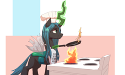 Size: 4782x2876 | Tagged: safe, artist:vanillaghosties, character:queen chrysalis, species:changeling, g4, apron, changeling queen, chef's hat, clothing, cooking, egg, female, fire, frying pan, glowing horn, hat, levitation, magic, magic aura, simple background, smiling, solo, stove, telekinesis, wings
