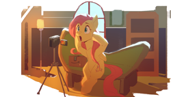 Size: 3518x2000 | Tagged: safe, artist:vanillaghosties, character:fluttershy, species:pegasus, species:pony, g4, amazon.com, bookshelf, box, camera, couch, female, hoof on head, mare, open mouth, solo, video camera, window