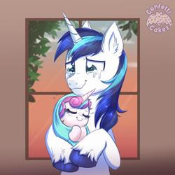 Size: 4000x4000 | Tagged: safe, artist:confetticakez, character:princess flurry heart, character:shining armor, species:alicorn, species:pony, species:unicorn, newbie artist training grounds, g4, absurd resolution, atg 2021, baby, baby pony, best dad ever, crying, cute, daughter, duo, ear fluff, eyes closed, father, father and child, father and daughter, female, flurrybetes, hnnng, holding, holding a pony, liquid pride, male, parent and child, shining adorable, smiling, stallion, swaddling, tears of joy, weapons-grade cute, window