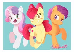 Size: 2048x1444 | Tagged: safe, artist:gamorangetana, character:apple bloom, character:scootaloo, character:sweetie belle, species:earth pony, species:pegasus, species:pony, species:unicorn, g4, adorabloom, apple family member, blush sticker, blushing, cute, cutealoo, cutie mark crusaders, diasweetes, female, filly, looking at you, looking sideways, open mouth, raised hoof, signature, simple background, smiling, young