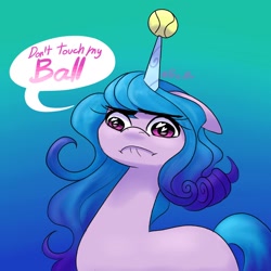 Size: 1024x1024 | Tagged: safe, artist:elcy_bellcup, character:izzy moonbow, species:pony, species:unicorn, g5, angry, ball, bust, childproof horn, dialogue, gradient hair, heart eyes, horn, izzy's tennis ball, solo, speech bubble, tennis ball, text, that pony sure does love tennis balls, toy, wingding eyes
