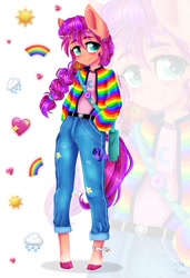 Size: 819x1200 | Tagged: safe, artist:meqiopeach, character:sunny starscout, species:anthro, species:earth pony, species:unguligrade anthro, g5, bag, big ears, braid, clothing, coat markings, hooves, jeans, pants, rainbow, socks (coat marking), solo, tail, unshorn fetlocks