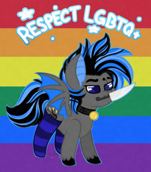 Size: 1024x1162 | Tagged: safe, artist:calibykitty, artist:midnightamber, oc, oc only, oc:dusk, species:bat pony, species:pony, g4, bat pony oc, chibi, clothing, collar, commission, gay pride flag, holding, knife, mouth hold, pride, pride flag, pride month, rainbow background, socks, solo, striped socks, unshorn fetlocks, weapon, ych result, your character here