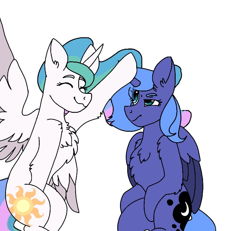 Size: 768x768 | Tagged: safe, artist:valkiria, character:princess celestia, character:princess luna, species:alicorn, species:pony, g4, animated, boop, chest fluff, cute, cutelestia, duo, duo female, eye clipping through hair, eyes closed, female, frame by frame, frown, head pat, horn, luna is not amused, lunabetes, mare, pat, royal sisters, s1 luna, siblings, simple background, sisters, sitting, smiling, unamused, wings