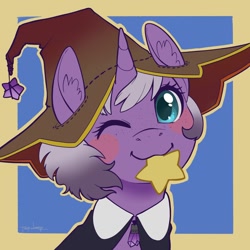 Size: 1200x1200 | Tagged: safe, artist:taytinabelle, oc, oc only, oc:witching hour, species:pony, species:unicorn, g4, avatar, blue background, blushing, bust, cape, clothing, cute, ear fluff, female, freckles, happy, hat, holding, jewelry, looking at you, mare, mouth hold, necklace, one eye closed, simple background, smiling, solo, wink, winking at you, witch hat, yellow background