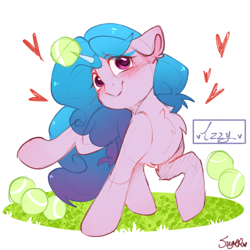 Size: 1080x1080 | Tagged: safe, artist:糖希, character:izzy moonbow, species:pony, species:unicorn, g5, ball, blushing, chest fluff, childproof horn, cute, ear fluff, female, floppy ears, gradient hair, grass, heart, horn, izzy's tennis ball, izzybetes, looking at you, mare, raised hoof, signature, simple background, smiling, solo, tennis ball, that pony sure does love tennis balls, toy, white background