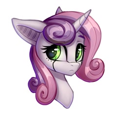 Size: 1200x1123 | Tagged: safe, artist:setharu, character:sweetie belle, species:pony, species:unicorn, friendship is witchcraft, sweetie bot, g4, bust, female, frown, glowing eyes, looking sideways, mare, older, older sweetie belle, portrait, robot, robot pony, simple background, solo, white background