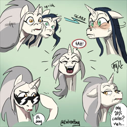 Size: 1280x1280 | Tagged: safe, artist:evilsnotbag, species:pony, species:unicorn, g4, blushing, bust, cheek squish, crossover, dialogue, edalyn clawthorne, fangs, floppy ears, glare, green background, green eyes, laughing, lillith clawthorne, ponified, sharp teeth, signature, simple background, species swap, speech bubble, squishy cheeks, sunglasses, text, the owl house, yellow eyes