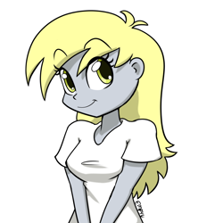 Size: 800x800 | Tagged: safe, artist:empyu, character:derpy hooves, species:eqg human, g4, my little pony:equestria girls, bust, clothing, eyebrows, eyebrows visible through hair, female, looking at you, portrait, shirt, simple background, smiling, smiling at you, solo, t-shirt, white background