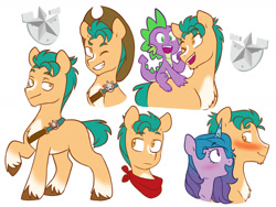Size: 1600x1200 | Tagged: safe, artist:chub-wub, character:hitch trailblazer, character:izzy moonbow, character:spike, species:dragon, species:earth pony, species:pony, species:unicorn, g5, absurd resolution, bandana, belt, blaze (coat marking), blushing, clothing, cowboy hat, female, gradient hair, grin, hat, male, mare, markings, one eye closed, open mouth, open smile, simple background, smiling, stallion, unshorn fetlocks, white background, wink