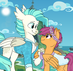 Size: 2108x2048 | Tagged: safe, artist:moccabliss, character:scootaloo, character:terramar, species:hippogriff, species:pegasus, species:pony, ship:terraloo, g4, bride, clothing, dress, female, floral head wreath, flower, groom, high res, holding hooves, looking at each other, male, mare, marriage, older, older scootaloo, older terramar, profile, shipping, straight, suit, tuxedo, wedding