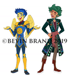 Size: 1280x1424 | Tagged: safe, artist:bevin brand, character:flash sentry, character:timber spruce, species:eqg human, fanfic:the exes club, g4, my little pony:equestria girls, armor, obtrusive watermark, official fan art, ponied up, robe, watermark