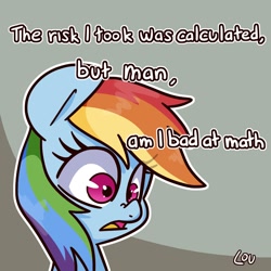 Size: 1200x1200 | Tagged: safe, artist:lou, character:rainbow dash, species:pegasus, species:pony, g4, bust, dialogue, female, guide to troubled birds, mare, meme, ponified, ponified animal photo, ponified meme, portrait, scrunchy face, solo