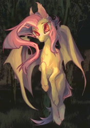 Size: 1280x1817 | Tagged: safe, artist:bryopsida, character:flutterbat, character:fluttershy, species:bat pony, species:pegasus, species:pony, g4, bat ponified, bat wings, chest fluff, ear tufts, female, looking at you, mare, messy mane, night, race swap, red eyes, solo, spread wings, unshorn fetlocks, wings