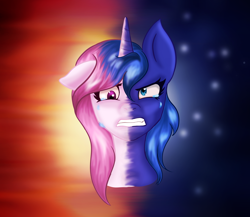 Size: 1182x1024 | Tagged: dead source, safe, artist:adlain-arts, artist:starbixio, character:princess celestia, character:princess luna, species:alicorn, species:pony, g4, bust, crying, duality, lullaby for a princess, redraw