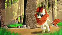 Size: 3840x2160 | Tagged: safe, artist:spellboundcanvas, character:autumn blaze, species:kirin, g4, crepuscular rays, female, forest, kirin day, looking at you, outdoors, raised hoof, rock, smiling, solo, three quarter view, tree