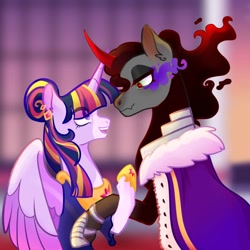 Size: 1024x1024 | Tagged: safe, artist:fourteennails, character:king sombra, character:twilight sparkle, character:twilight sparkle (alicorn), species:alicorn, species:pony, species:umbrum, ship:twibra, g4, clothing, female, height difference, holding hooves, hoof shoes, looking at each other, male, mare, shipping, shoes, sombra eyes, stallion, straight
