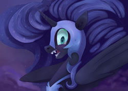 Size: 1280x915 | Tagged: safe, artist:tu-kierownik, character:nightmare moon, character:princess luna, species:alicorn, species:pony, g4, fangs, female, mare, night, open mouth, sharp teeth, slit eyes, solo, starry eyes, wingding eyes