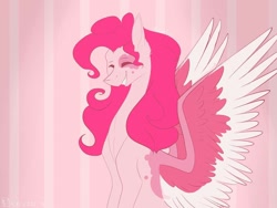 Size: 1024x768 | Tagged: safe, artist:anastasia-owl, character:pinkie pie, species:pegasus, species:pony, g4, alternate design, female, g5 concept leak style, g5 concept leaks, happy, mare, pegasus pinkie pie, pinkie pie (g5 concept leak), race swap, redesign, simple background, smiling, solo, spread wings, wings