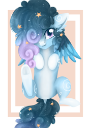 Size: 724x1024 | Tagged: safe, artist:ekkosan, oc, oc:stellar constellation, species:pegasus, species:pony, g4, colored wings, commission, dock, ear fluff, ethereal mane, female, frog (hoof), galaxy mane, hair over one eye, hooves, looking at you, lying down, multicolored wings, stars, two toned wings, underhoof, wings, ych result